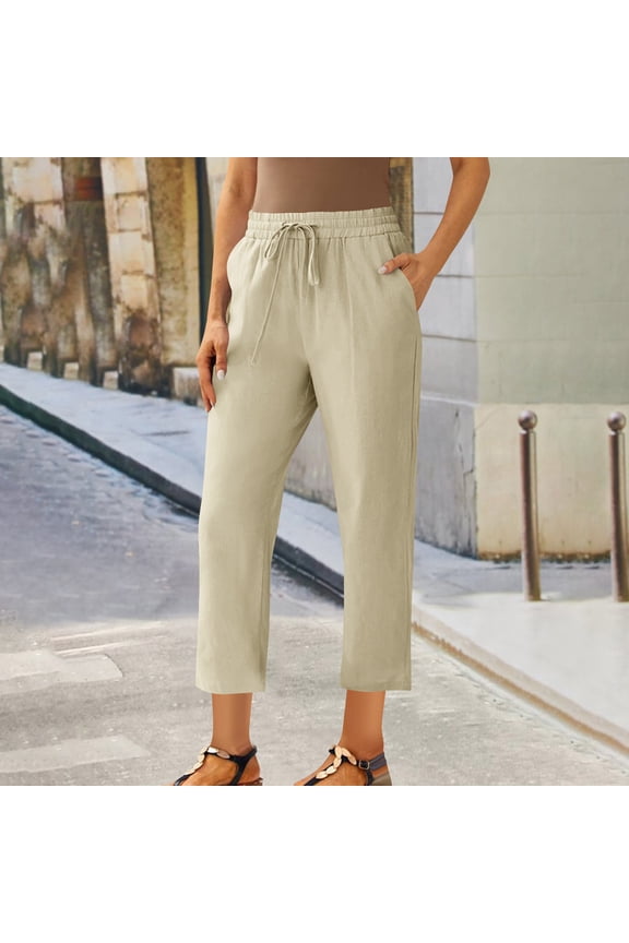 Women's Casual Ankle Pants, Solid Color with Tie Waist, Linen Cotton Blend Straight Leg, Versatile for Daily Wear