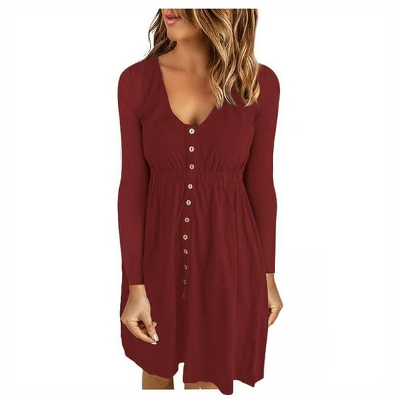 Women's Casual Autumn Dress V Neck Button Long Sleeve Short Dress Elastic Waist Solid Color Loose Comfy A Line Dress