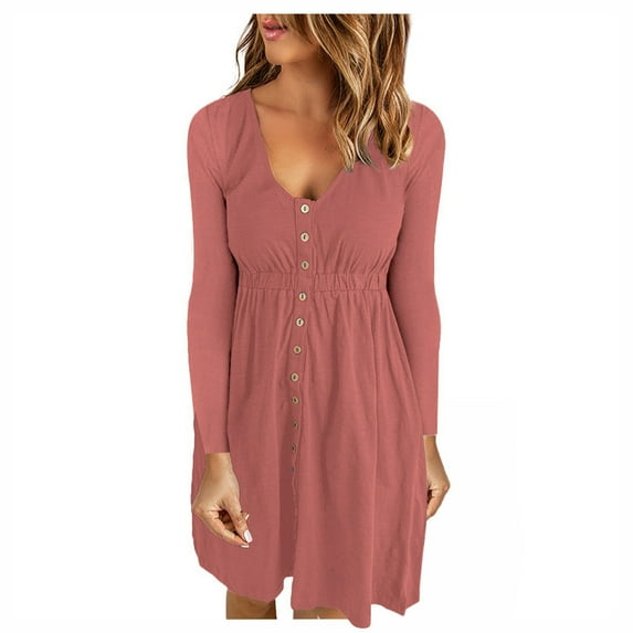 Women's Casual Autumn Dress V Neck Button Long Sleeve Short Dress Elastic Waist Solid Color Loose Comfy A Line Dress