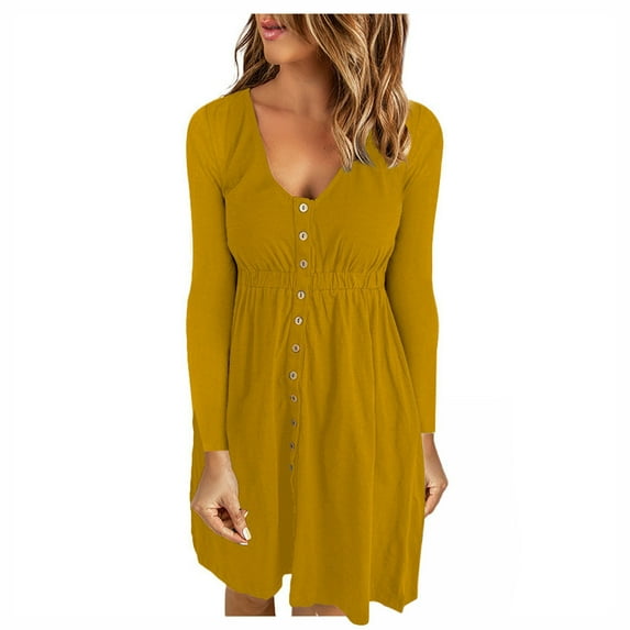 Women's Casual Autumn Dress V Neck Button Long Sleeve Short Dress Elastic Waist Solid Color Loose Comfy A Line Dress