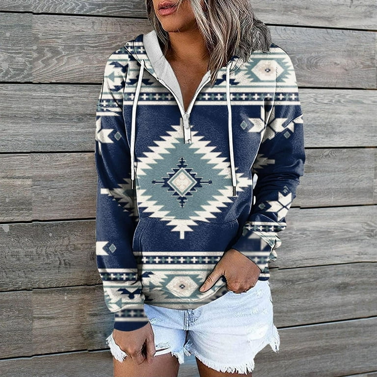 Women's Casual Aztec Geometric Zipper Collar Pullover Sweatshirt,Womens  Half Zip Sweatshirt Casual Aztec Print Long Sleeve Pullover Top