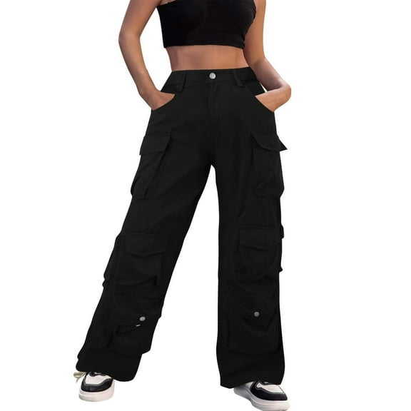 Women's Casual Baggy Cargo Pants Relaxed Fit Streetwear Jeans with Functional Pockets for Everyday Comfort and Alt Fashion Style Elastic High Waisted Straight Leg Pull On Trousers