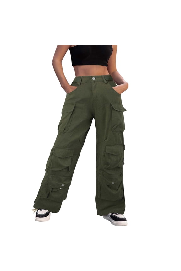 Women's Casual Baggy Cargo Pants Relaxed Fit Streetwear Jeans with Functional Pockets for Everyday Comfort and Alt Fashion Style Elastic High Waisted Straight Leg Pull On Trousers