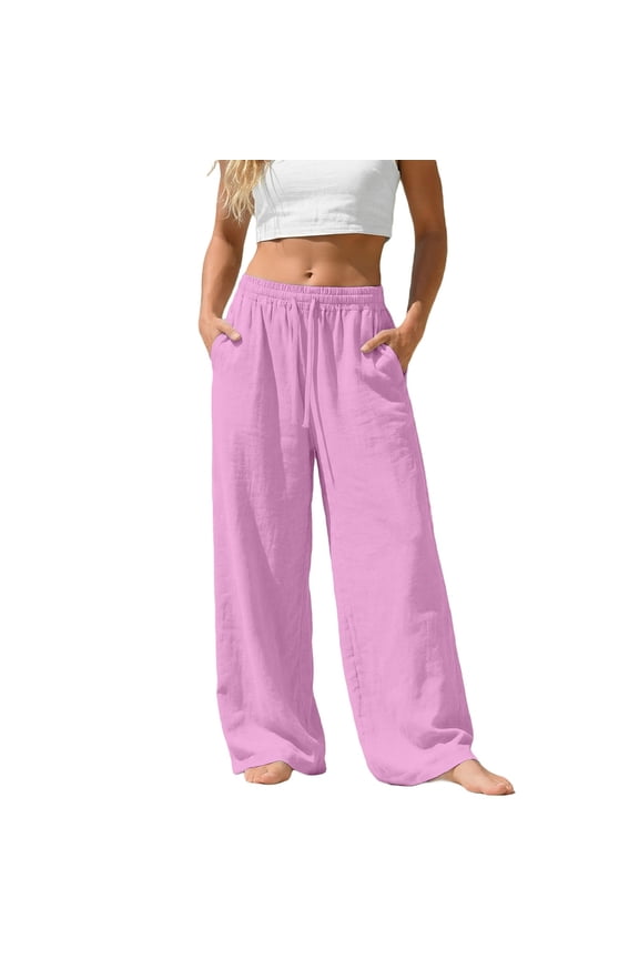 Women's Casual Baggy Pants with Drawstring Waistband, Wide Leg, Loose, Linen, Palazzo, with Pocket, Hot Pink M