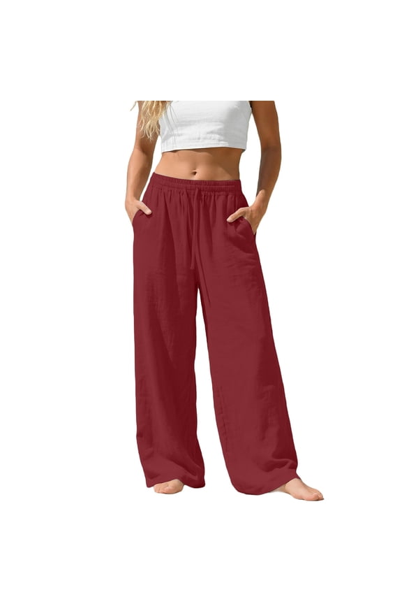 Women's Casual Baggy Pants with Drawstring Waistband, Wide Leg, Loose, Linen, Palazzo, with Pocket, XXXXL