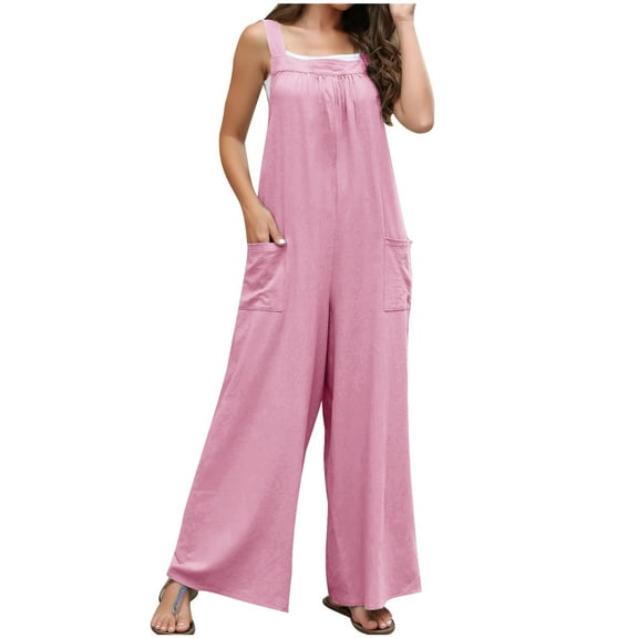 Women's Casual Baggy Sleeveless Bib Overall Adjustable Strap Wide Leg Jumpsuit Overalls with Pockets Pink,S