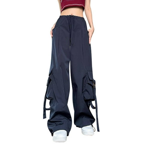 Women‘s Casual Baggy Solid Color Cargo Pants Streetwear Hop Joggers Sweatpants Drawstring Casual Loose Wide Leg Trousers