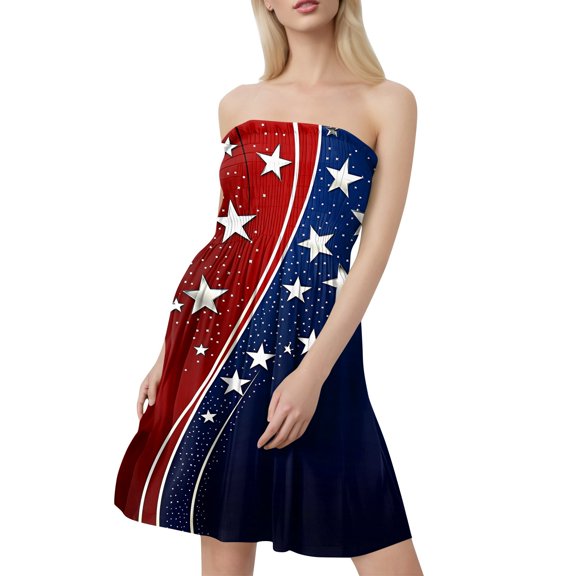 Women's Casual Bandeau Dress with 4th of July Print, Sleeveless Summer Tank Dress with Ruffle Hem, Stylish Outfit for Festive Occasions,Dark Blue L