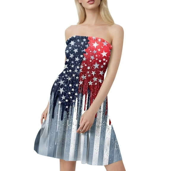 Women's Casual Bandeau Dress with 4th of July Print, Sleeveless Summer Tank Dress with Ruffle Hem, Stylish Outfit for Festive Occasions,Light Gray S