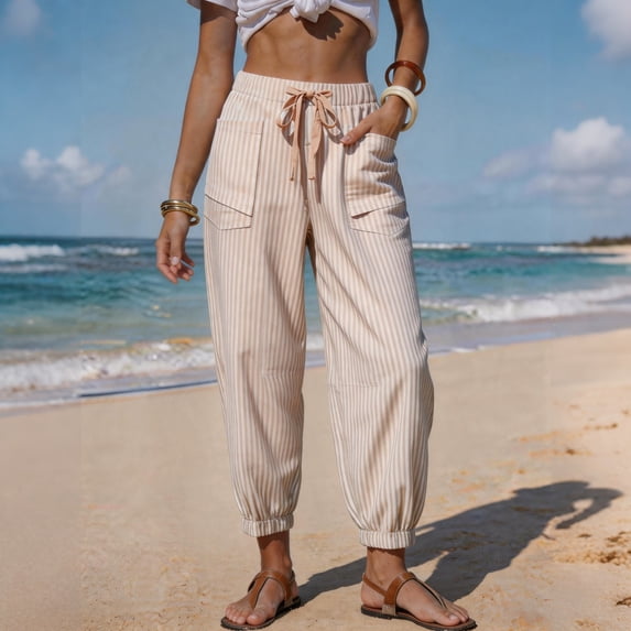 Women's Casual Barrel Pants Summer Striped Drawstring Wide Leg Trousers Beach Lounge Cropped Pants with Pockets Beige 2XL