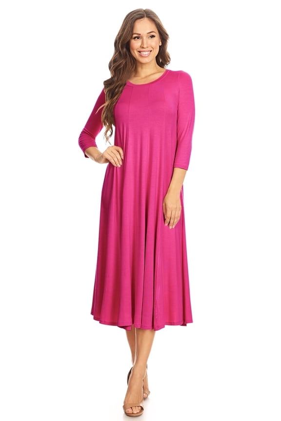 Women's Casual Basic Comfy 3/4 Sleeve Flare A-line Midi Long Maxi Dress