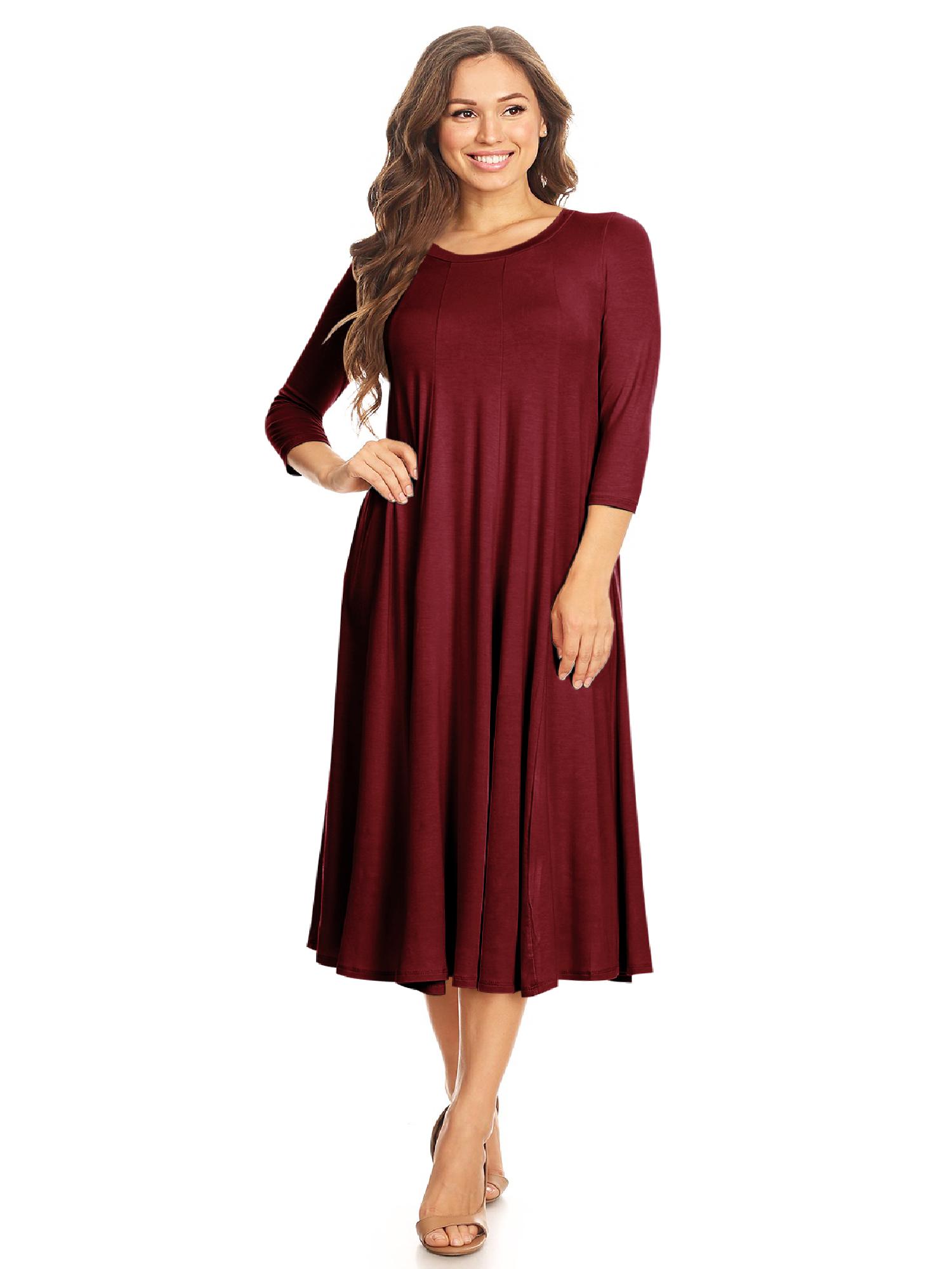 Women's Trendy Style 3/4 Sleeves Casual Solid Midi Maxi Dress