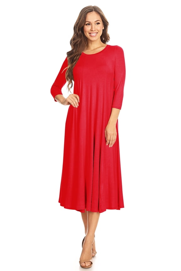 Women's Casual Basic Comfy 3/4 Sleeve Flare A-line Midi Long Maxi Dress
