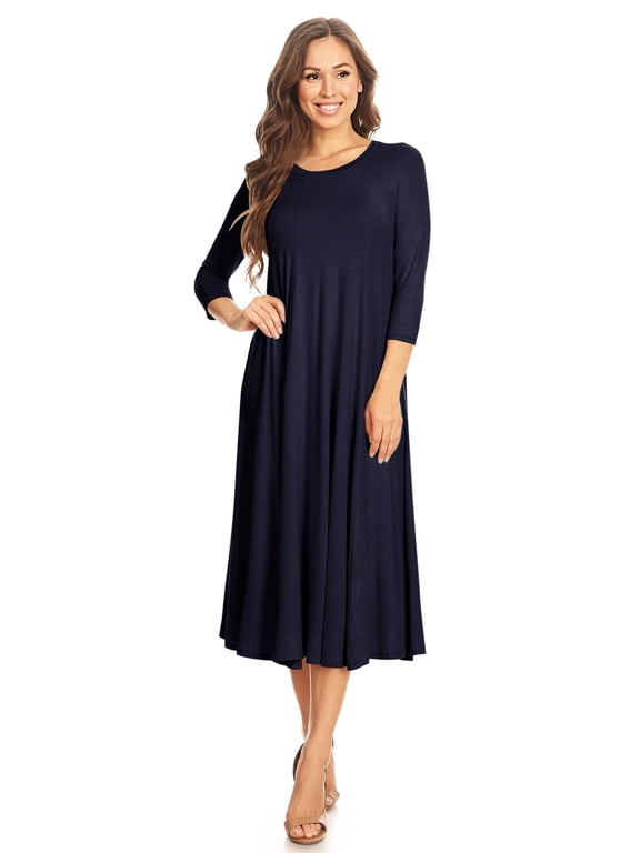 Fit & Flare Scoop Neck 3/4 Sleeve Midi Dress, Women's