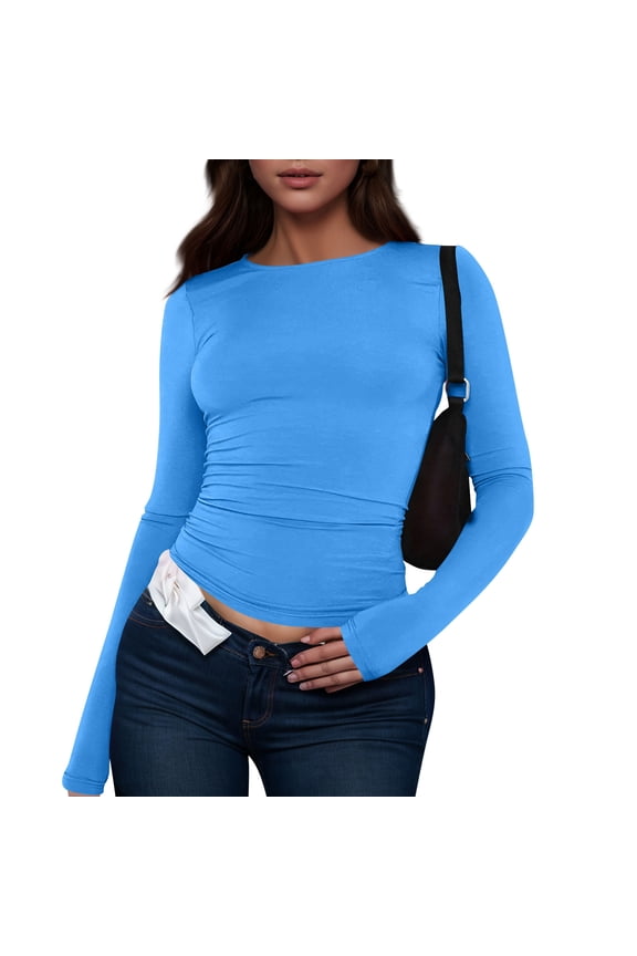 Women's Casual Basic Crop Tops Slim Fit Long Sleeve Crew Neck Solid Color Fall Pullover Shirts Tight Tee Blue M