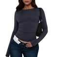 thumbnail image 1 of Women's Casual Basic Crop Tops Slim Fit Long Sleeve Crew Neck Solid Color Fall Pullover Shirts Tight Tee Navy S, 1 of 4