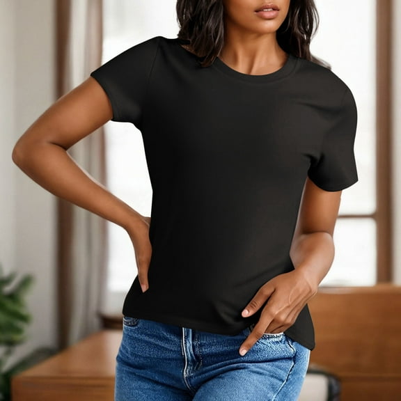 Women's Casual Basic Going Out Crop Tops Slim Fit Short Sleeve Crew Neck Tight T Shirts Black XL