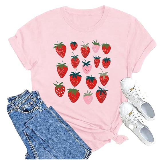 Women's Casual Basic Ops Crew Neck Y2K T Shirts Strawberry Print Short Sleeve Spring Tops