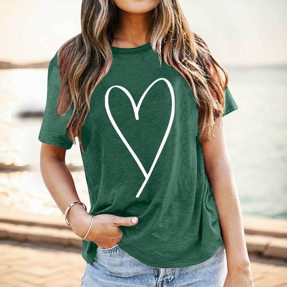 Women's Casual Basic Ops Love Heart Print Short Sleeve Crew Neck Spring Tops Summer 2026 Vacation Fashion Tee