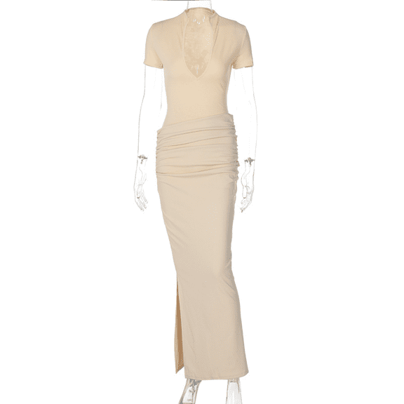 Women's Casual Basic Ribbed Knit Long Dress Solid Short Sleeve V Neck Maxi Dresses-L