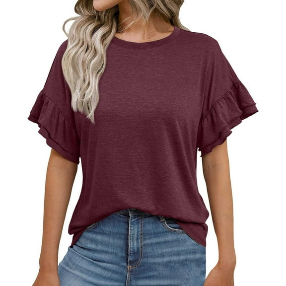 Women's Casual Basic T Shirts Loose Fit, Crewneck, Short Sleeve, Summer, Solid Color, Polyester Blend, for Various Occasions