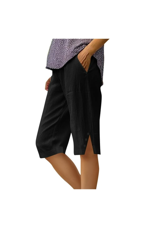 Women's Casual Bermuda Knee Length Pants Elastic Waist Loose Straight Leg Capri Pants with Pockets