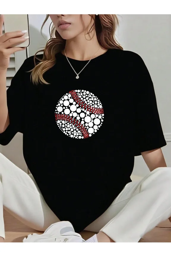 Women's Casual Black Short Sleeve T-Shirt with Polka Dot Baseball Graphic Print