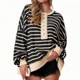 thumbnail image 1 of Women's Casual Black Striped Color-Block V-Neck Long-Sleeve Button Pullover Sweatshirt, Spring Autumn Winter, S, 1 of 14