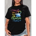 thumbnail image 1 of Women's Casual Black T-Shirt with Colorful Cruise Ship and Heart Print - Short Sleeve, Round Neck, Polyester, Machine Washable, 1 of 7
