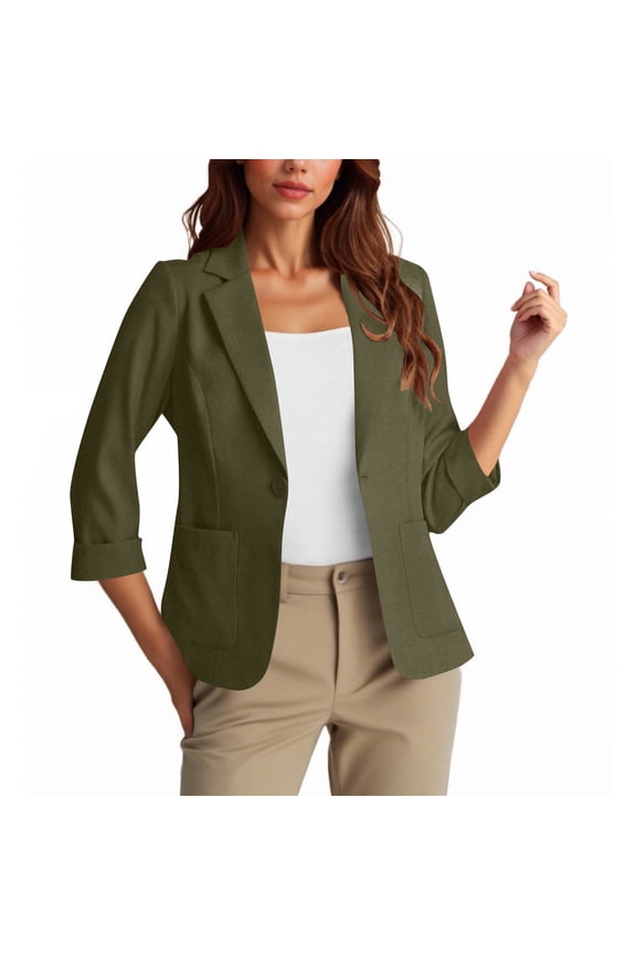 Women's Casual Blazer Jackets Button Down 3/4 Sleeve Lapel Ruched Blazers Fashion Business Office Overcoats (M, Army Green)