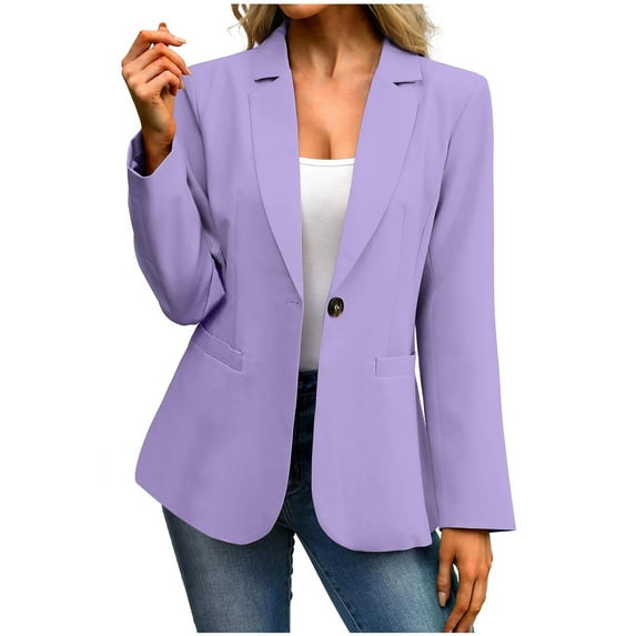 Women's Casual Blazers Fashion Solid Color Button Open Front Long Sleeve Suit Jackets Work Office Business Blazer Purple XXL