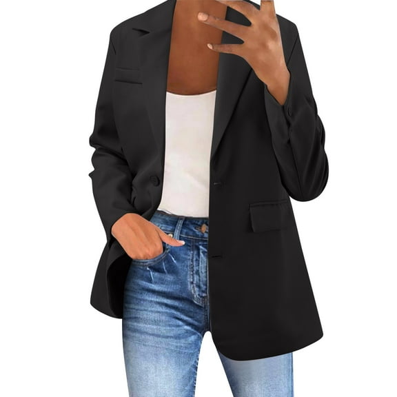 Women's Casual Blazers Long Sleeve Open Front Solid Business Work Office Jackets Lapel Elegant Loose Fit Coat with Pockets Z001-Black M
