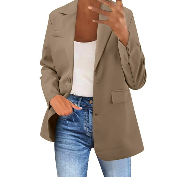 Women's Casual Blazers Long Sleeve Open Front Solid Business Work Office Jackets Lapel Elegant Loose Fit Coat with Pockets Z001-Khaki L