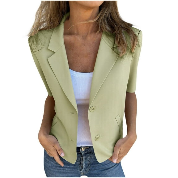 Women's Casual Blazers Short Sleeve Turndown Collar Open Front Button Down Work Blazer Jackets with Pockets