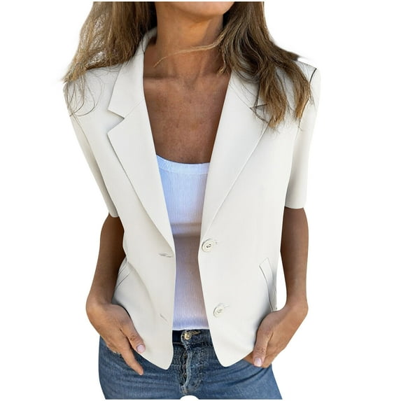 Women's Casual Blazers Short Sleeve Turndown Collar Open Front Button Down Work Blazer Jackets with Pockets