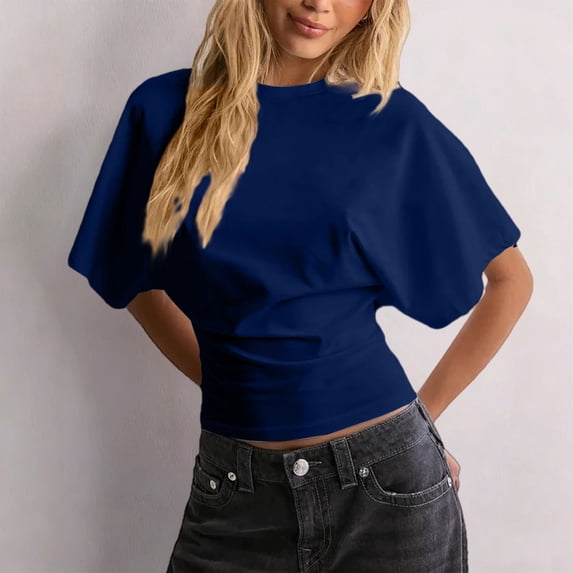 Women’s Casual Blouse JIANLAI Basic T-Shirt Cotton T-Shirt, Comfortable T-Shirt in Extra-Large Size Large Size, Lady’s Short-Sleeved Blouse S-5XL Navy