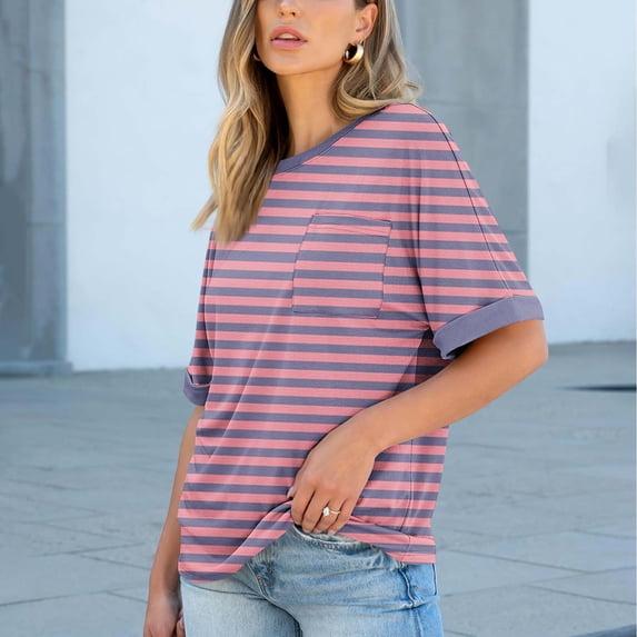Women's Casual Blouse, Striped Print Short Sleeve Top with Pocket, Round Neck Lightweight Shirt for Everyday Wear