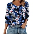thumbnail image 1 of Women's Casual Blouses Fashion Floral Printed 3/4 Length Sleeve Shirts Crew Neck Pullover Summer Elastic Cuffs with Pleats T-Shirts Spring Tops for Women, 1 of 5