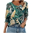 thumbnail image 1 of Women's Casual Blouses Fashion Floral Printed 3/4 Length Sleeve Shirts Crew Neck Pullover Summer Elastic Cuffs with Pleats T-Shirts Spring Tops for Women, 1 of 5