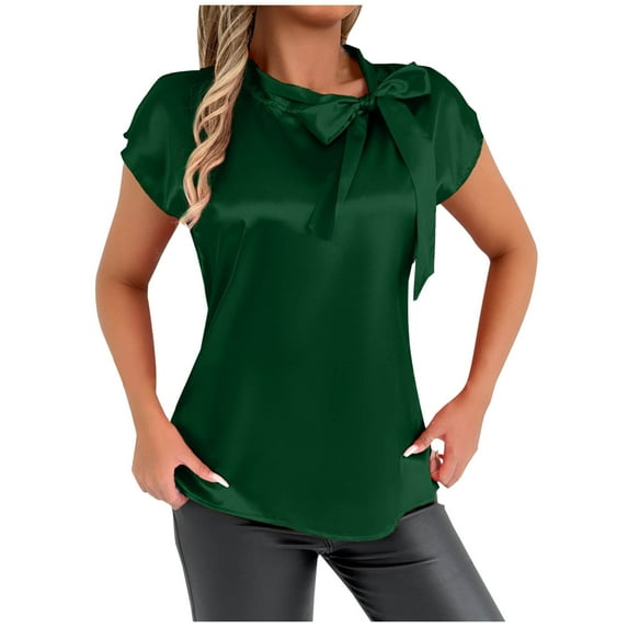 Women's Casual Blouses Tie Front Short Sleeve Tunic Tops Solid Color Basic Shirts Soft Comfy Summer Clothes (S, Green)