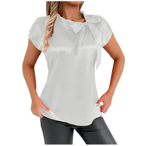 Women's Casual Blouses Tie Front Short Sleeve Tunic Tops Solid Color Basic Shirts Soft Comfy Summer Clothes (XL, White)