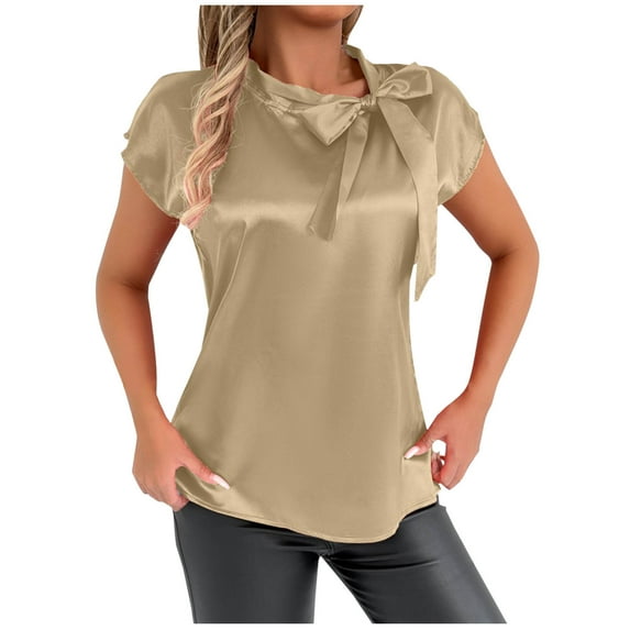 Women's Casual Blouses Tie Front Short Sleeve Tunic Tops Solid Color Basic Shirts Soft Comfy Summer Clothes (XL, Yellow)