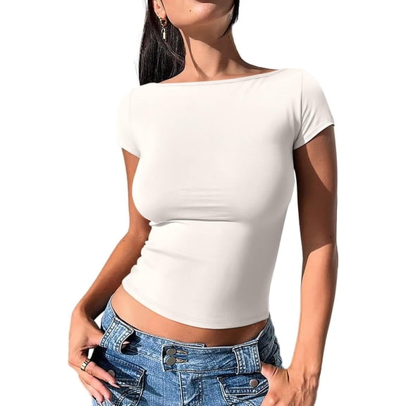 Women's Casual Boatneck Cap Sleeve Basic Tops Trendy Summer Cotton Going Out Fashion T-Shirts Slim Fitted Clothes