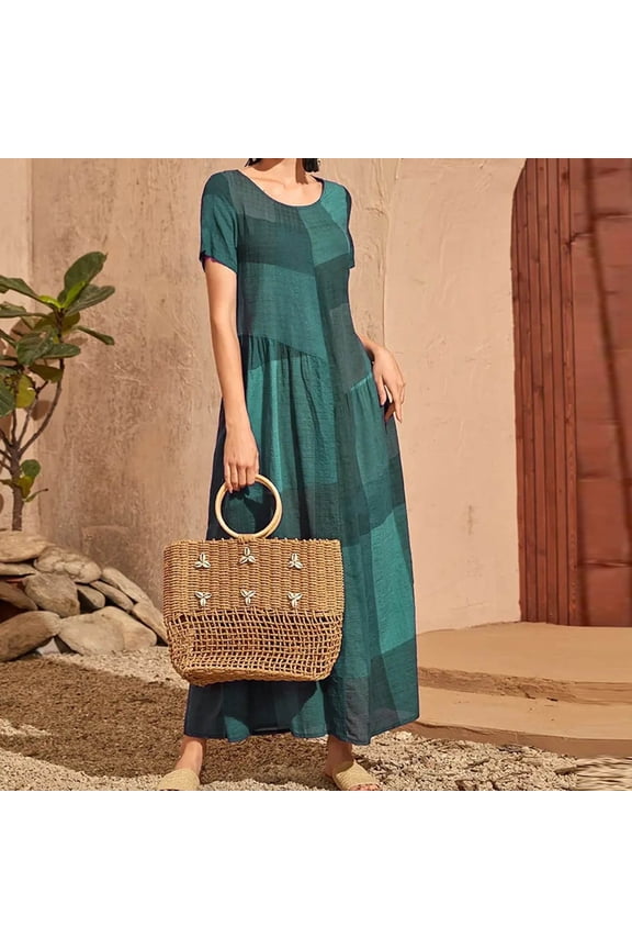 Women's Casual Bohemian Maxi Dress Short Sleeve Round Neck Relaxed Fit Patchwork A-Line Long Kaftan Dress For Summer Daily Wear Beach Holiday