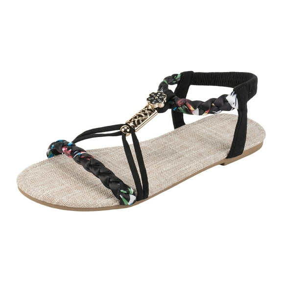 Women's Casual Bohemian Sandals Elastic Slingback Orthopedic Shoes Slip On Open Toe Flat Beach Sandals Black Size 9.5