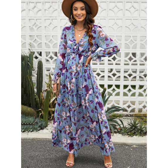 Women's Casual Bohemian Style Printed V-Neck Short Sleeve Long Evening Dress