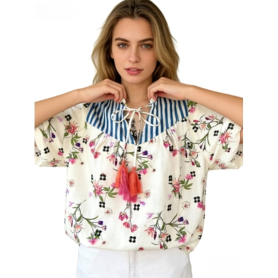 Women's Casual Boho Blouse - Tie Neck Tassel Accent Striped Yoke Puff Sleeve Summer Top for Vacation & Everyday Wear
