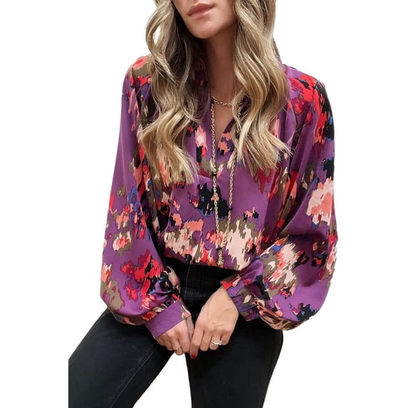 Women's Casual Boho Blouse Tops Abstract Print Lapel V Neck Lantern Long Sleeve Summer Spring Loose Blouses Shirts