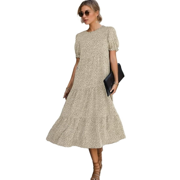 Women's Casual Boho Dress Floral Print Ruffle Puff Sleeve High Waist Midi Beach Dresses