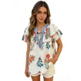 thumbnail image 1 of Women's Casual Boho Floral Blouse - V Neck Tie Front Ruffle Short Sleeve Loose Fit Summer Top for Beach Vacation & Everyday Wear, 1 of 5